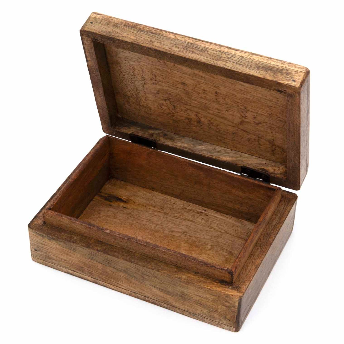 Open mango wood box showing plain interior and hinged lid, India