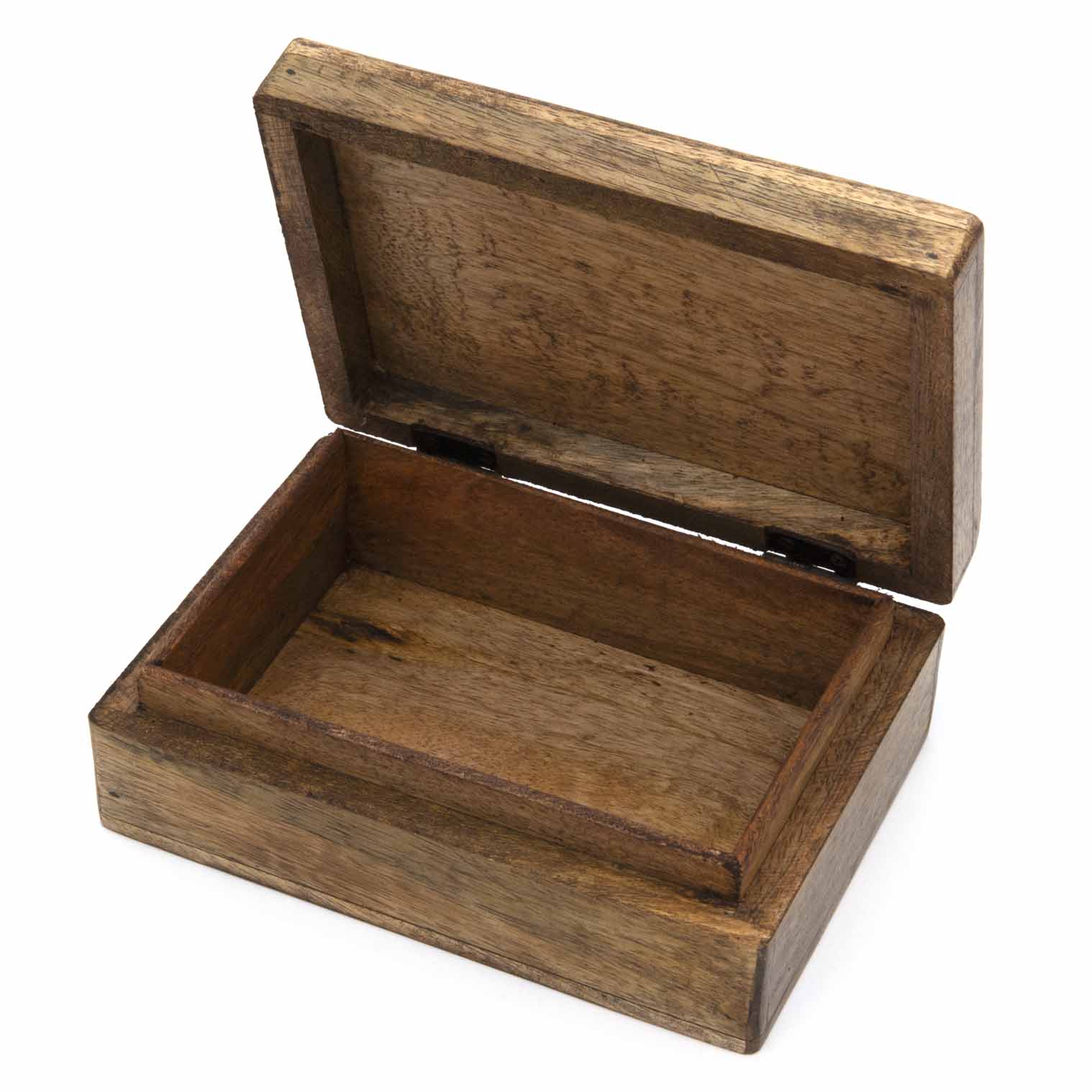 Open mango wood box showing plain interior and hinged lid, India