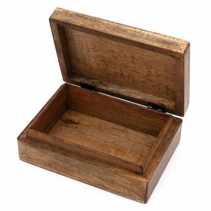 Open mango wood box showing plain interior and hinged lid, India