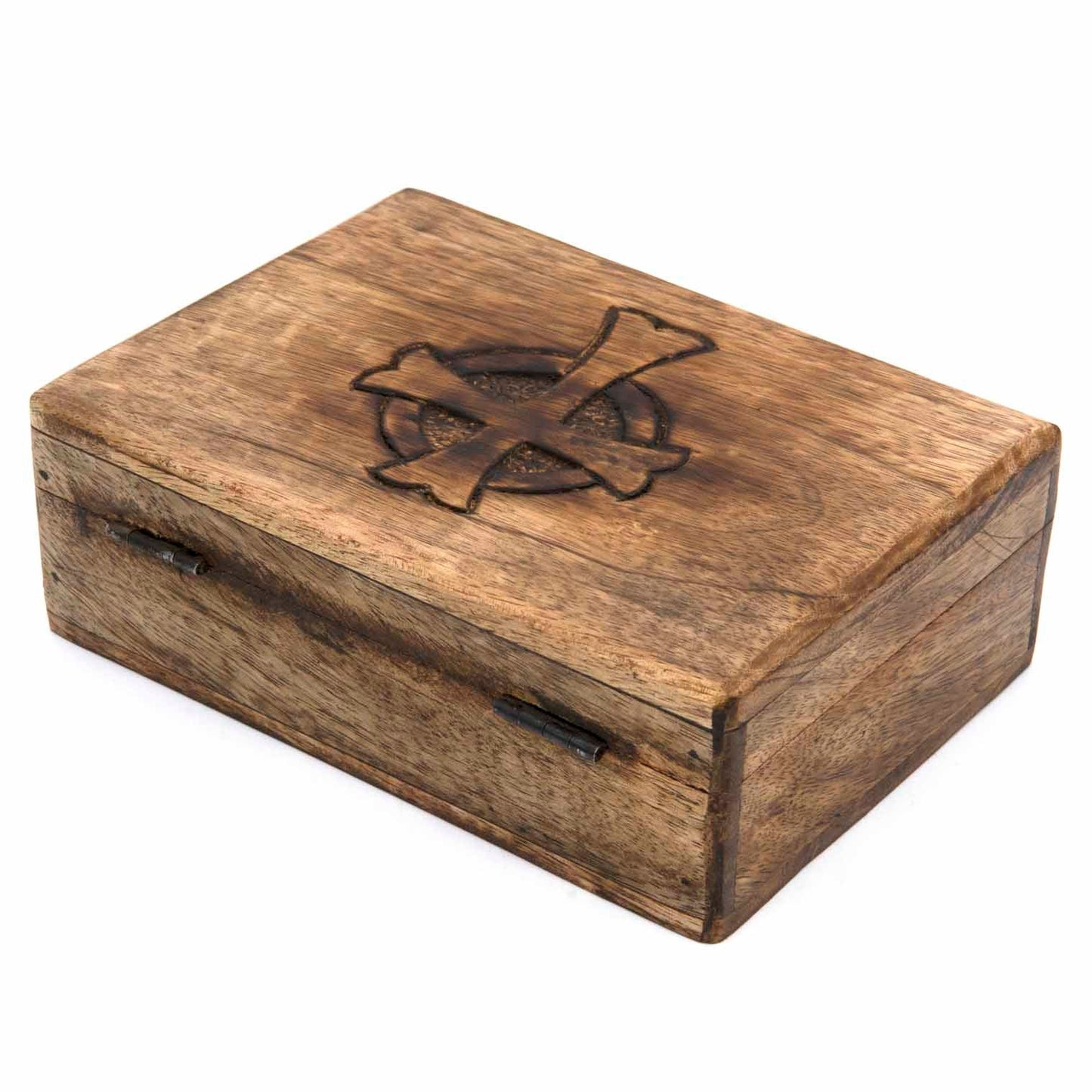 Three-quarter view of mango wood Celtic cross box showing metal hinges at rear