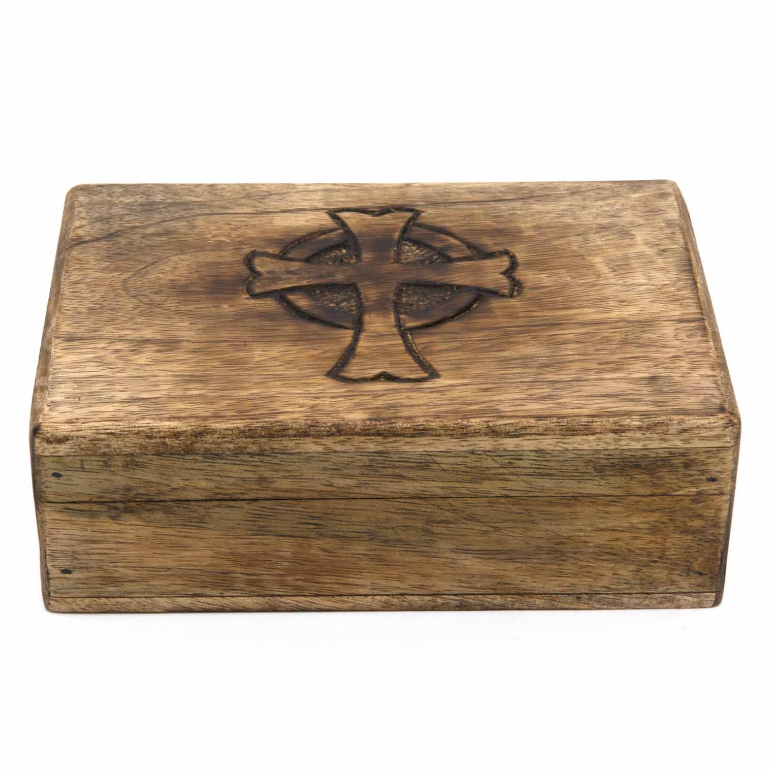 Top-angled view of mango wood box with Celtic cross engraving, white background