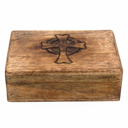 Top-angled view of mango wood box with Celtic cross engraving, white background