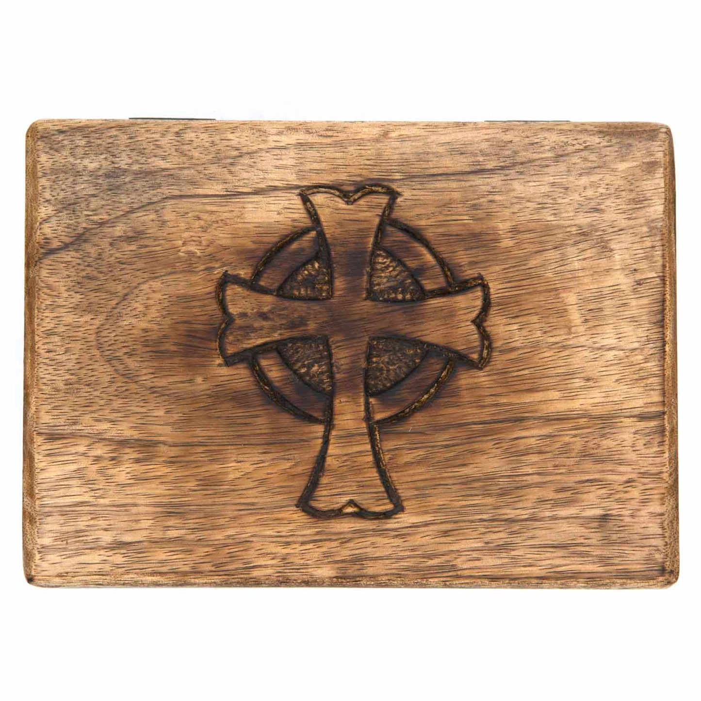 Flat top-down view of mango wood box lid showing full Celtic cross engraving detail