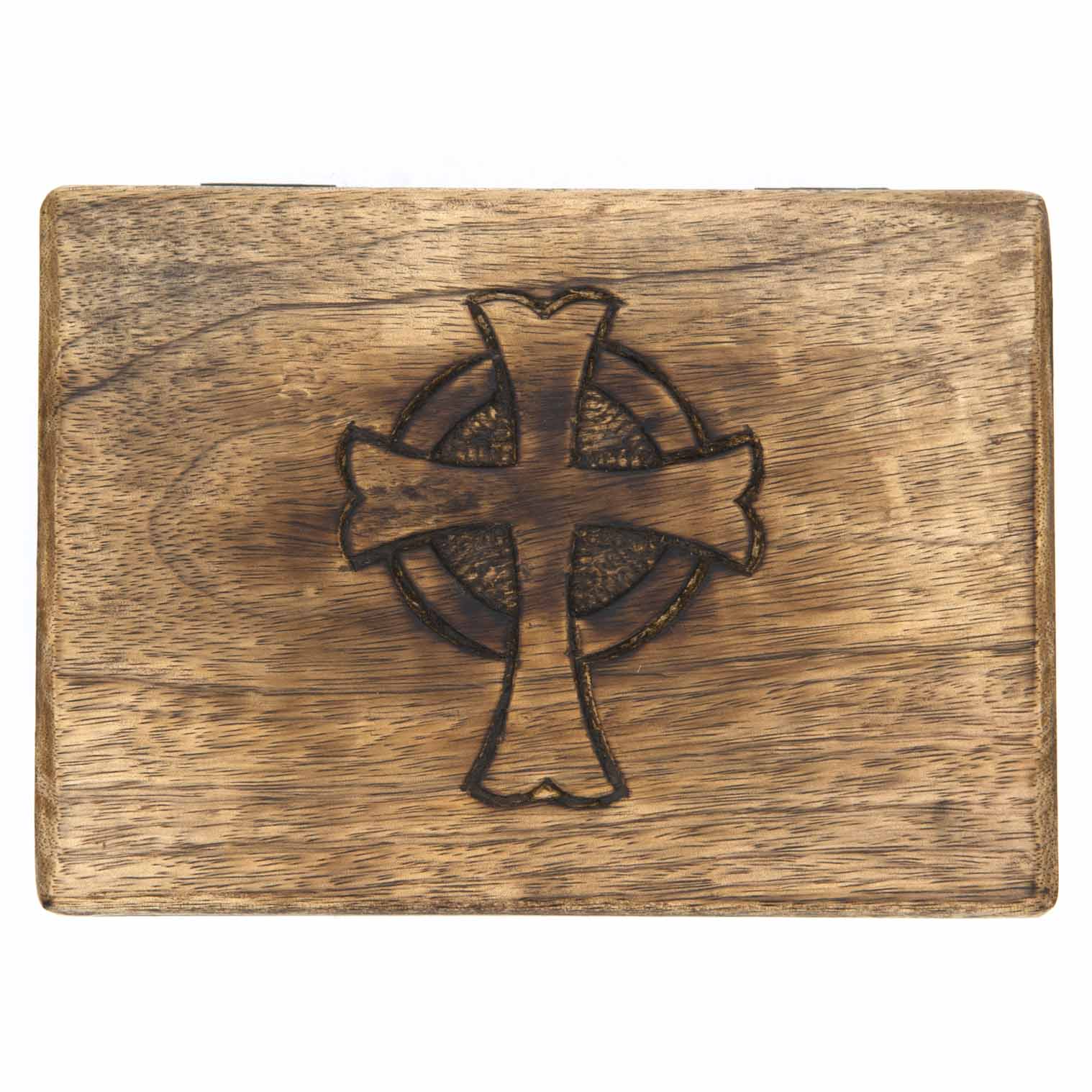 Flat top-down view of mango wood box lid showing full Celtic cross engraving detail