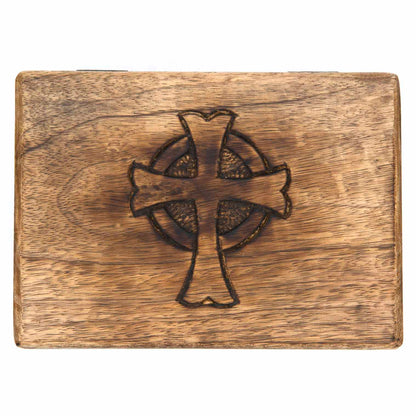Flat top-down view of mango wood box lid showing full Celtic cross engraving detail