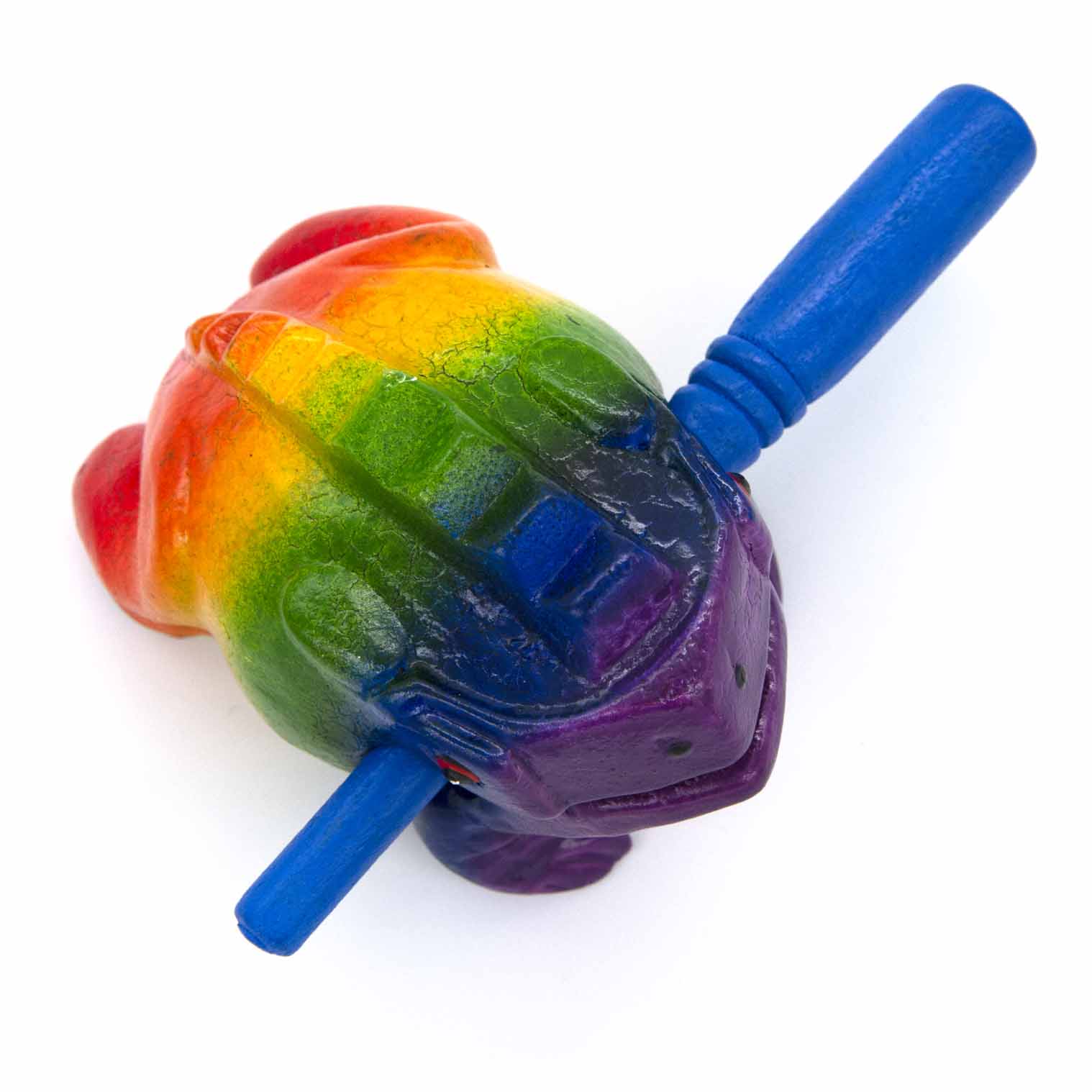Top-down view of rainbow frog guiro and blue striker showing red-to-purple crackle-painted back and ridges