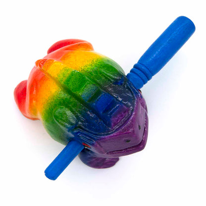 Top-down view of rainbow frog guiro and blue striker showing red-to-purple crackle-painted back and ridges