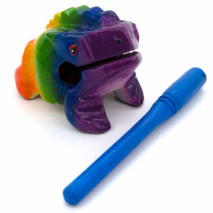 Rainbow acacia frog guiro and blue striker, three-quarter front view on white background showing crackle paint finish
