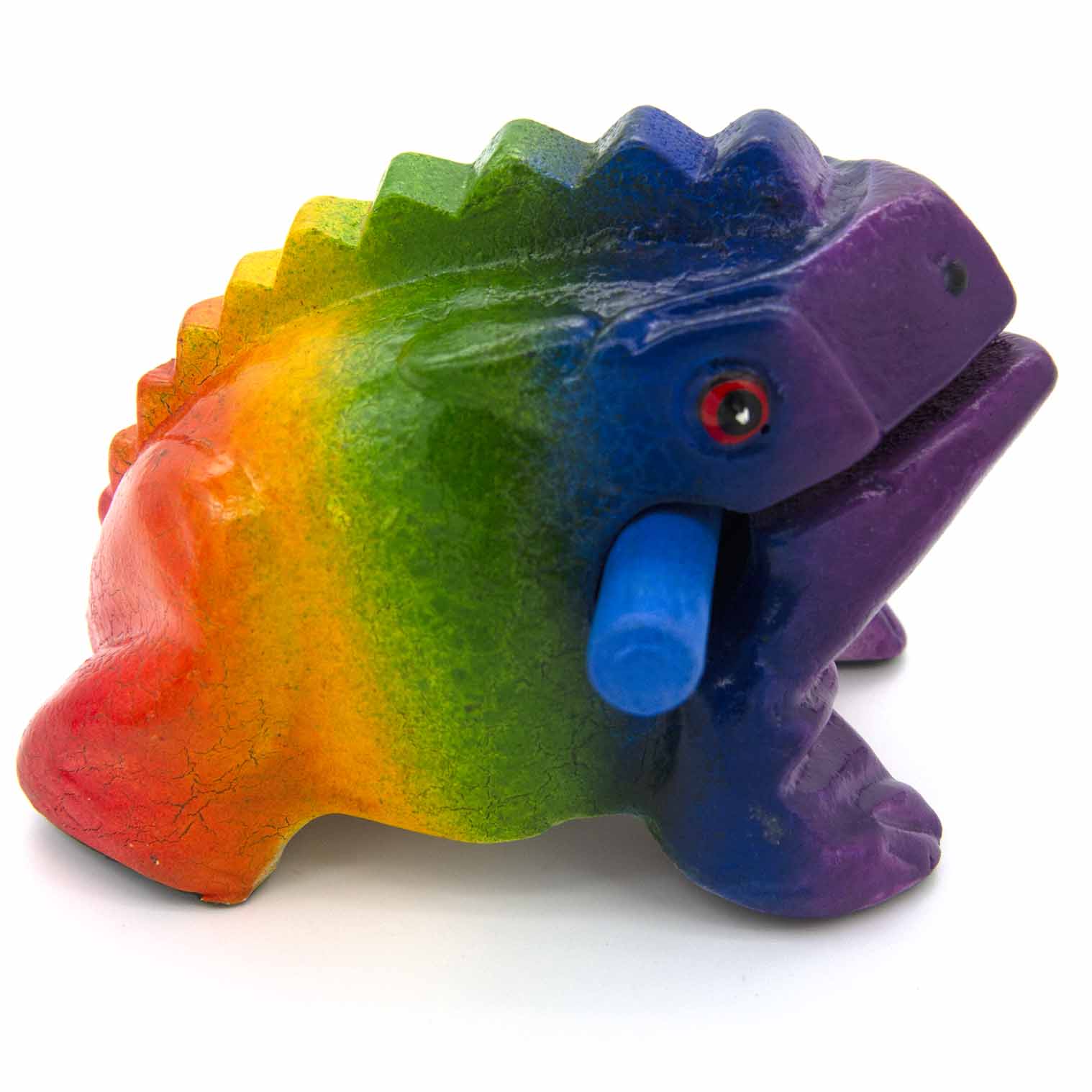 Side view of rainbow frog guiro showing full colour spectrum from red tail to purple head with blue striker