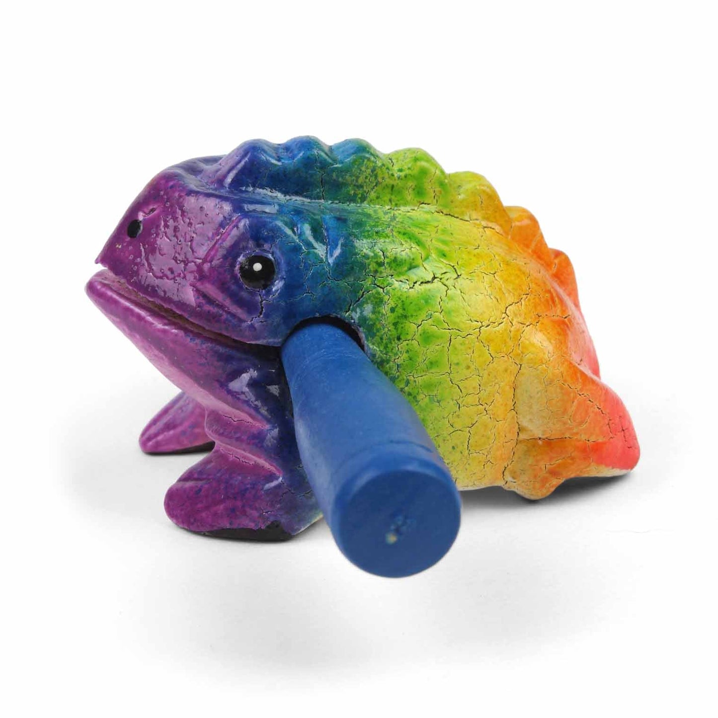 Mini rainbow frog guiro, side view on white background showing crackle-painted body and blue striker