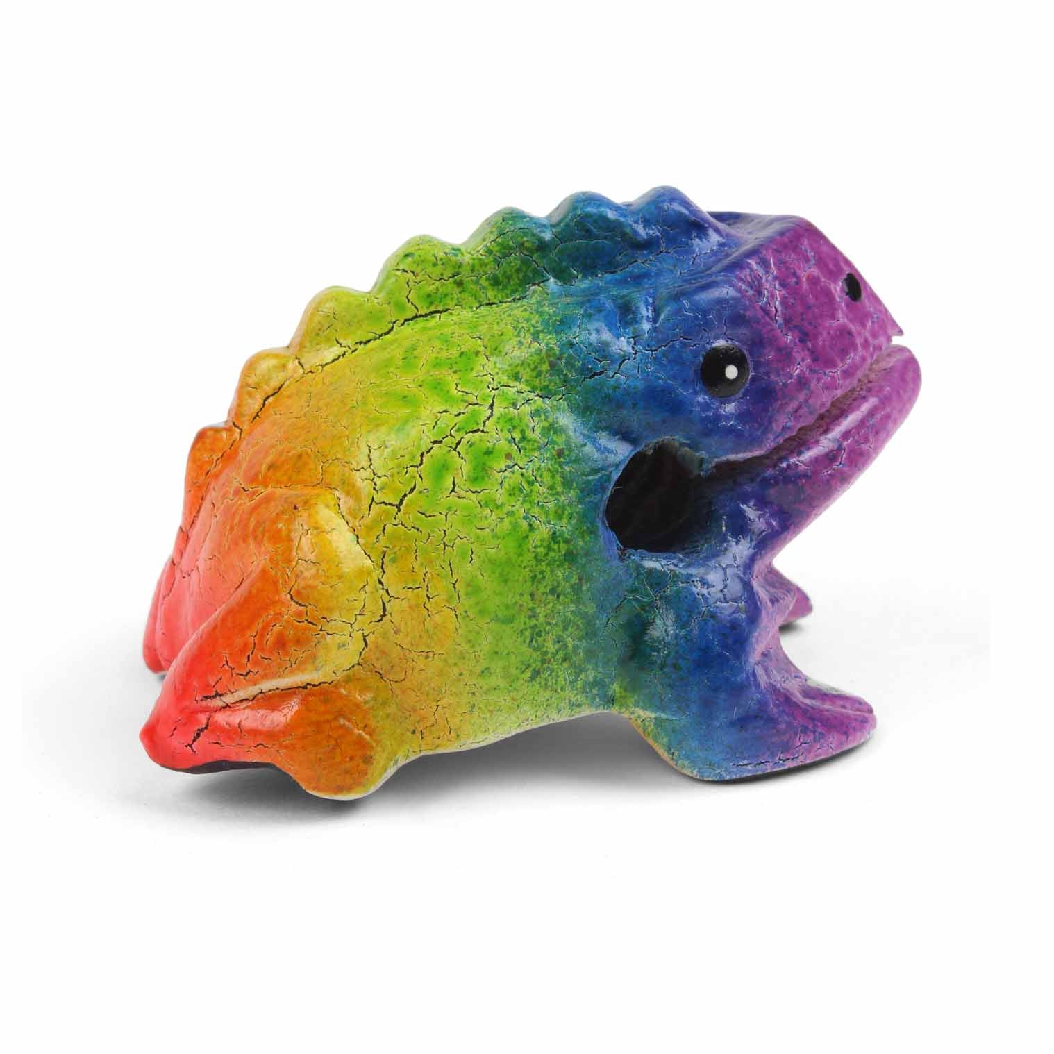 Rainbow frog guiro without striker, side view showing full colour spectrum from red tail to purple head