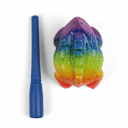 Top-down view of mini rainbow frog guiro and blue striker showing purple-to-red crackle-painted back