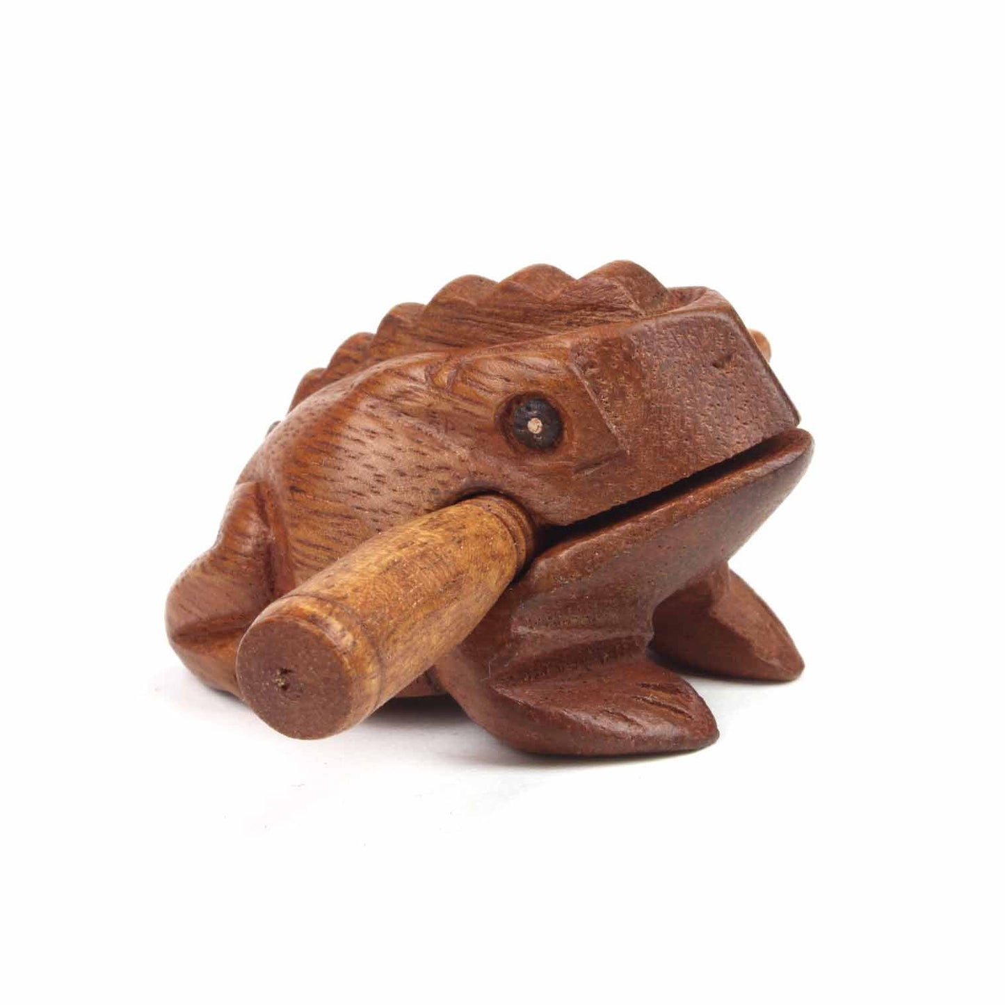 Small carved acacia frog guiro, straight side view on white background with striker in mouth