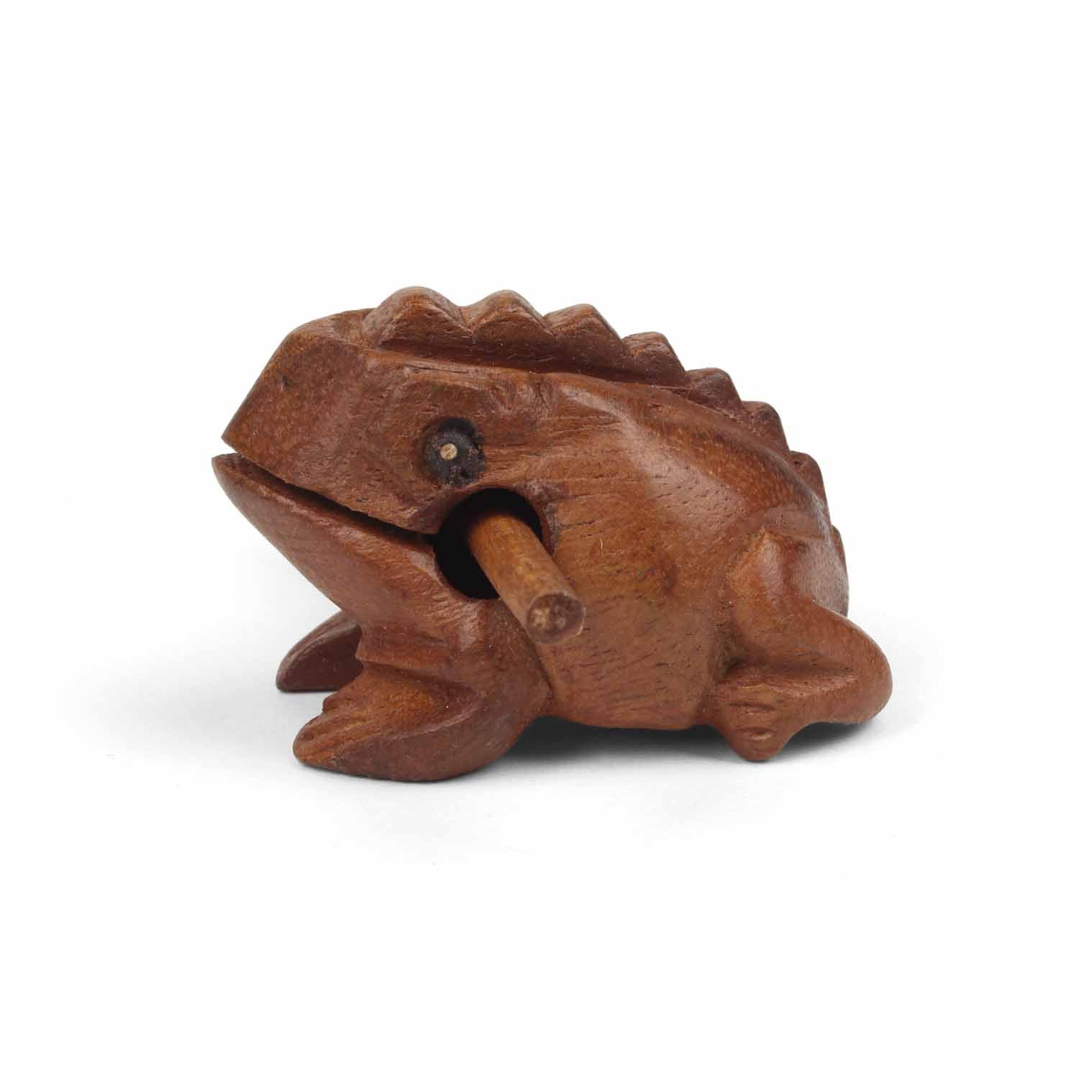 Mini acacia wood frog guiro, angled front view on white background showing ridged back and carved legs
