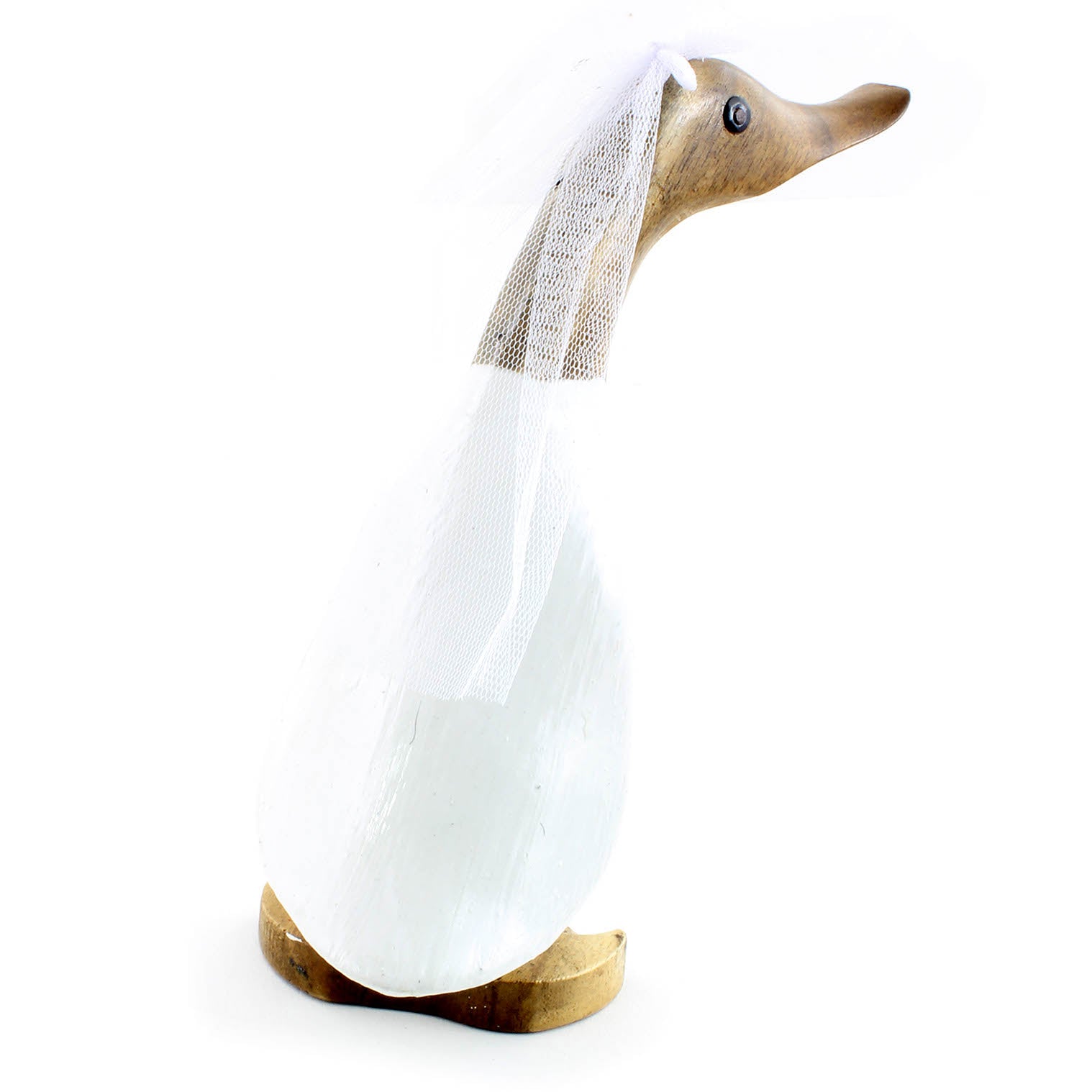 Bamboo root bride duck, front three-quarter view showing white dress train and tulle veil, white background