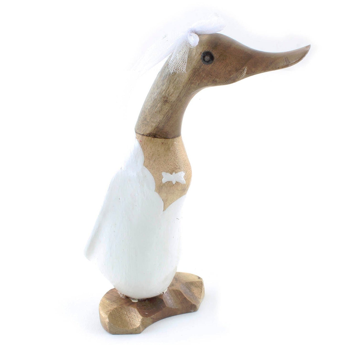 Carved bamboo root bride duck in white gloss finish with tulle veil and painted bow, side view on white background