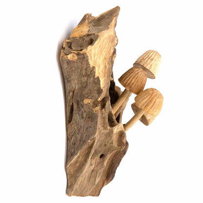 Pale carved wood mushrooms with ribbed caps on a flat root slab, side profile, white background