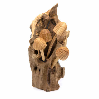 Side view of carved wood mushrooms growing from a tall irregular root section, white background