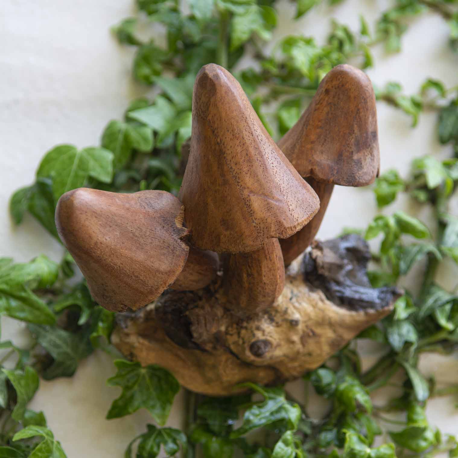Three large carved brown wood mushrooms on a burl root base, surrounded by ivy, top-down view, Indonesia