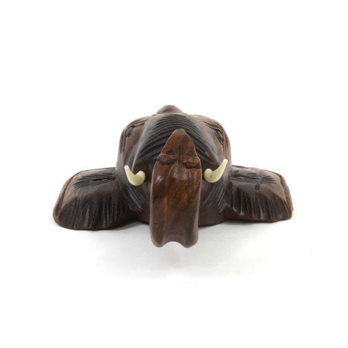 Raintree elephant head wall mount viewed from below, showing trunk hook and tusk projection, white background