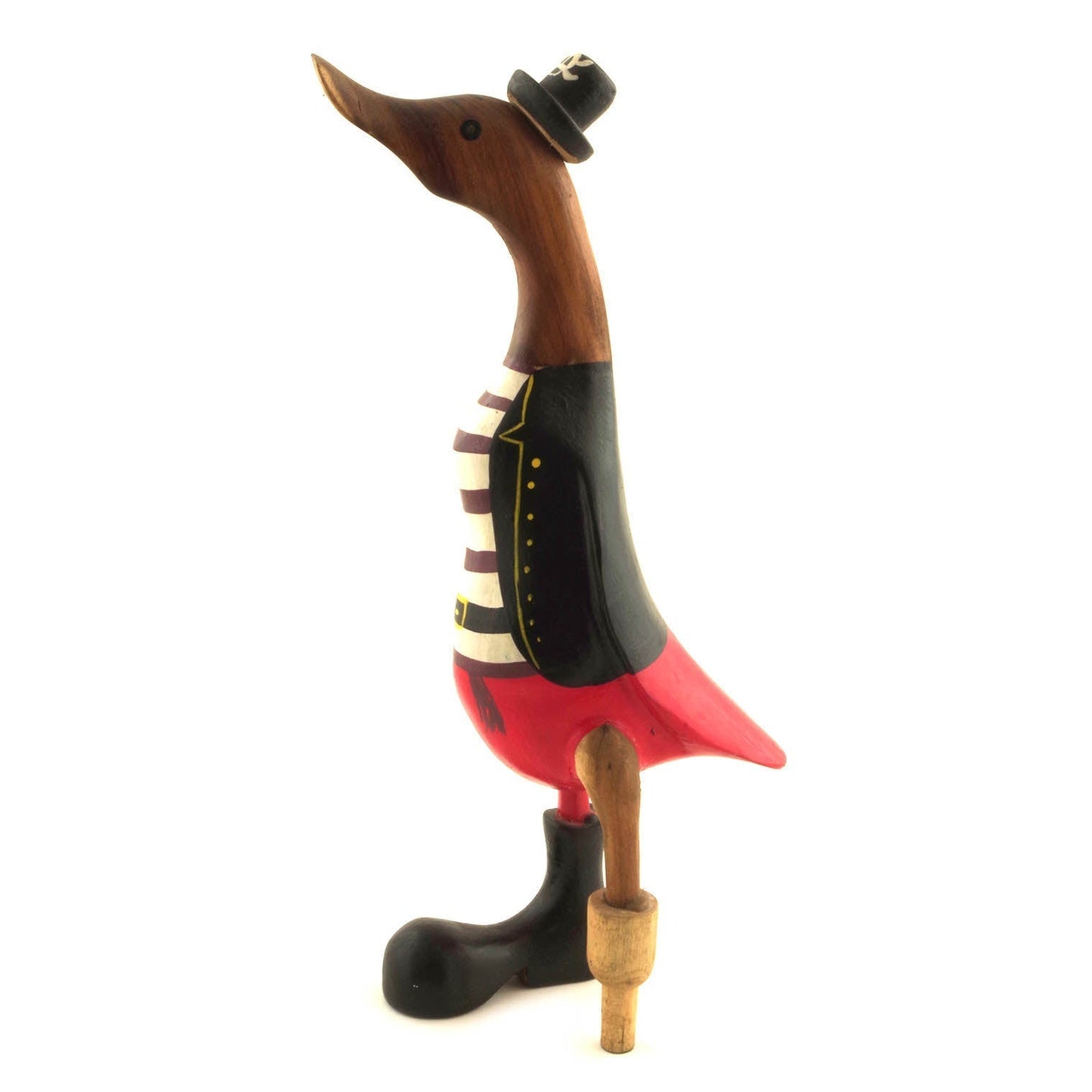 Bamboo root pirate duck in black coat and red trousers, opposite side view showing peg leg and boot detail, white background