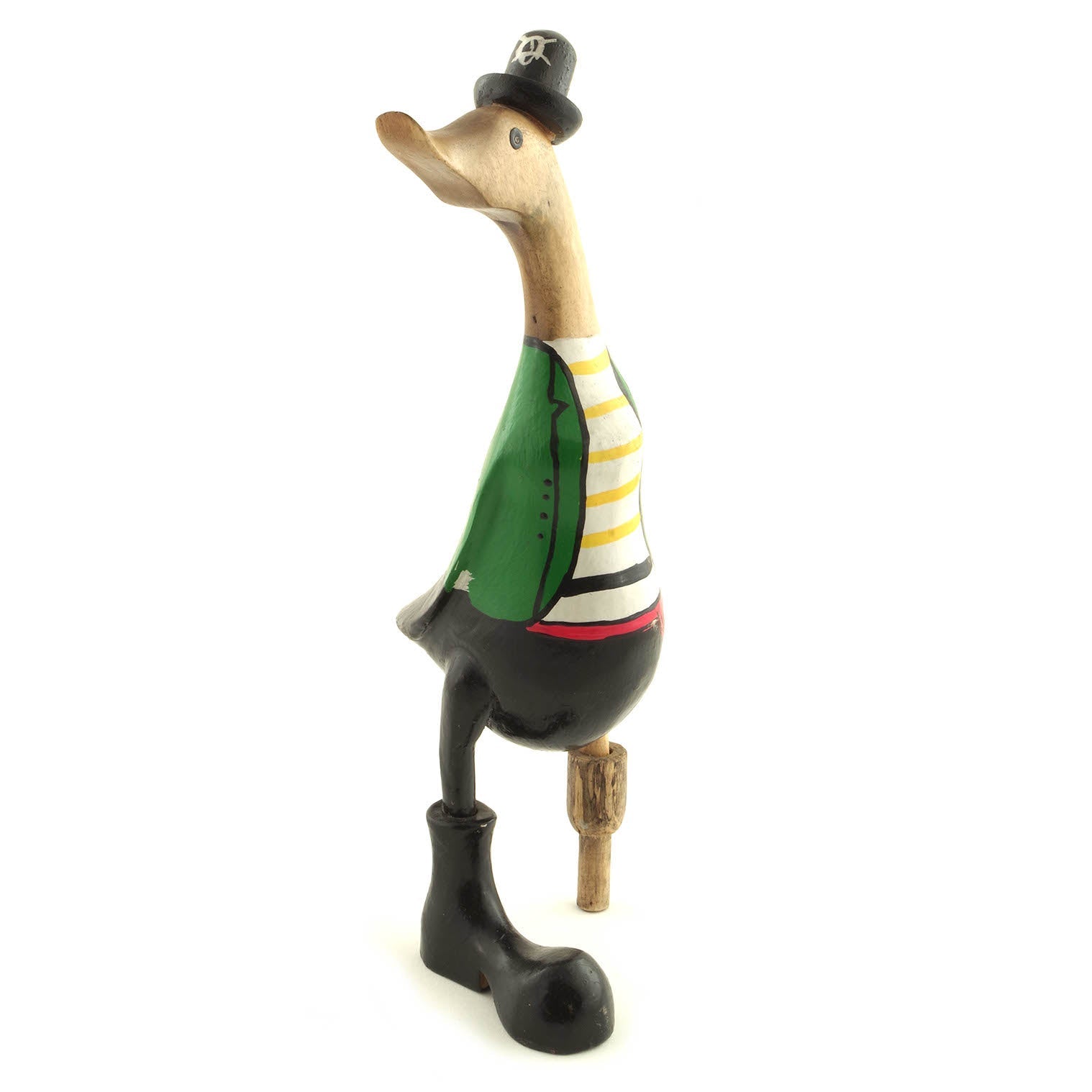 Carved bamboo root duck in green pirate coat, opposite side view showing peg leg detail, white background