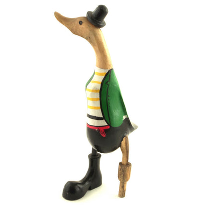 Bamboo root pirate duck in green coat, rear three-quarter view showing peg leg and painted detail, white background