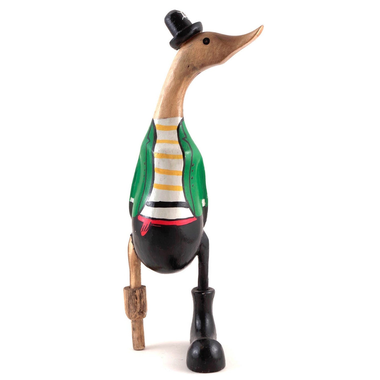 Bamboo root pirate duck in green jacket and striped shirt with black top hat, side view on white background
