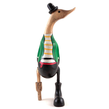 Bamboo root pirate duck in green jacket and striped shirt with black top hat, side view on white background