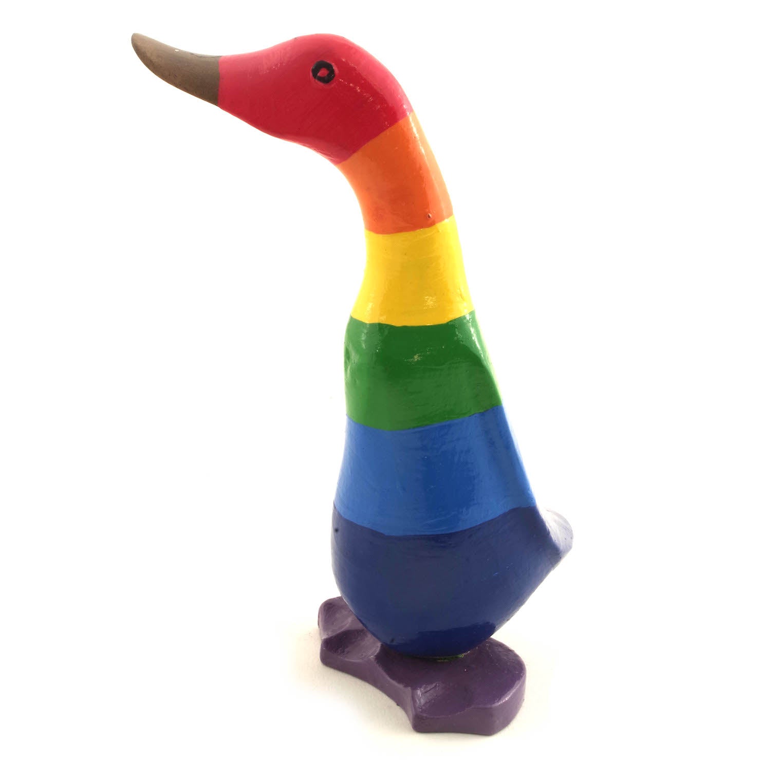 Rainbow-painted bamboo root duckling, opposite three-quarter view on white background