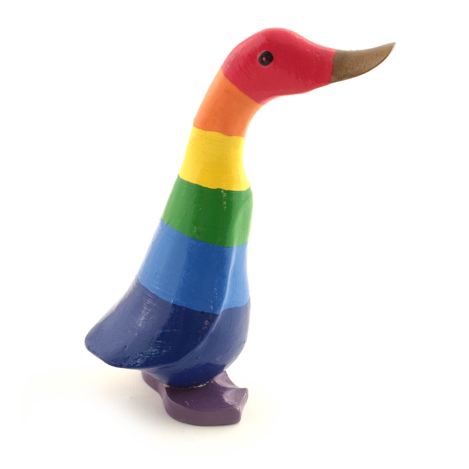 Rainbow bamboo root duckling, three-quarter front view on white background showing full stripe sequence