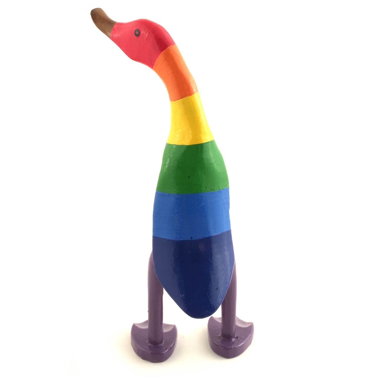 Rainbow bamboo root duck from behind on white background, showing violet legs and full stripe sequence