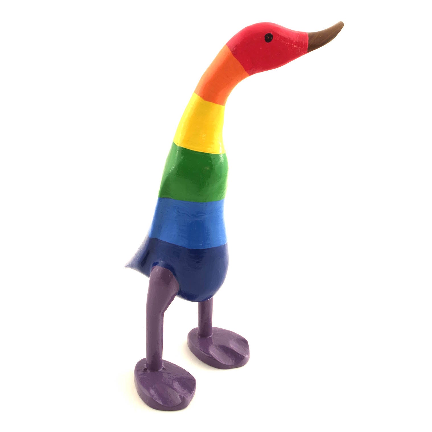 Large rainbow-striped bamboo root duck, three-quarter front view on white background