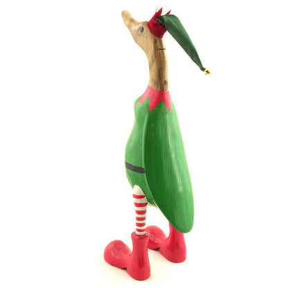 Bamboo root elf duck from behind on white background, showing green tunic, natural root neck and red boots