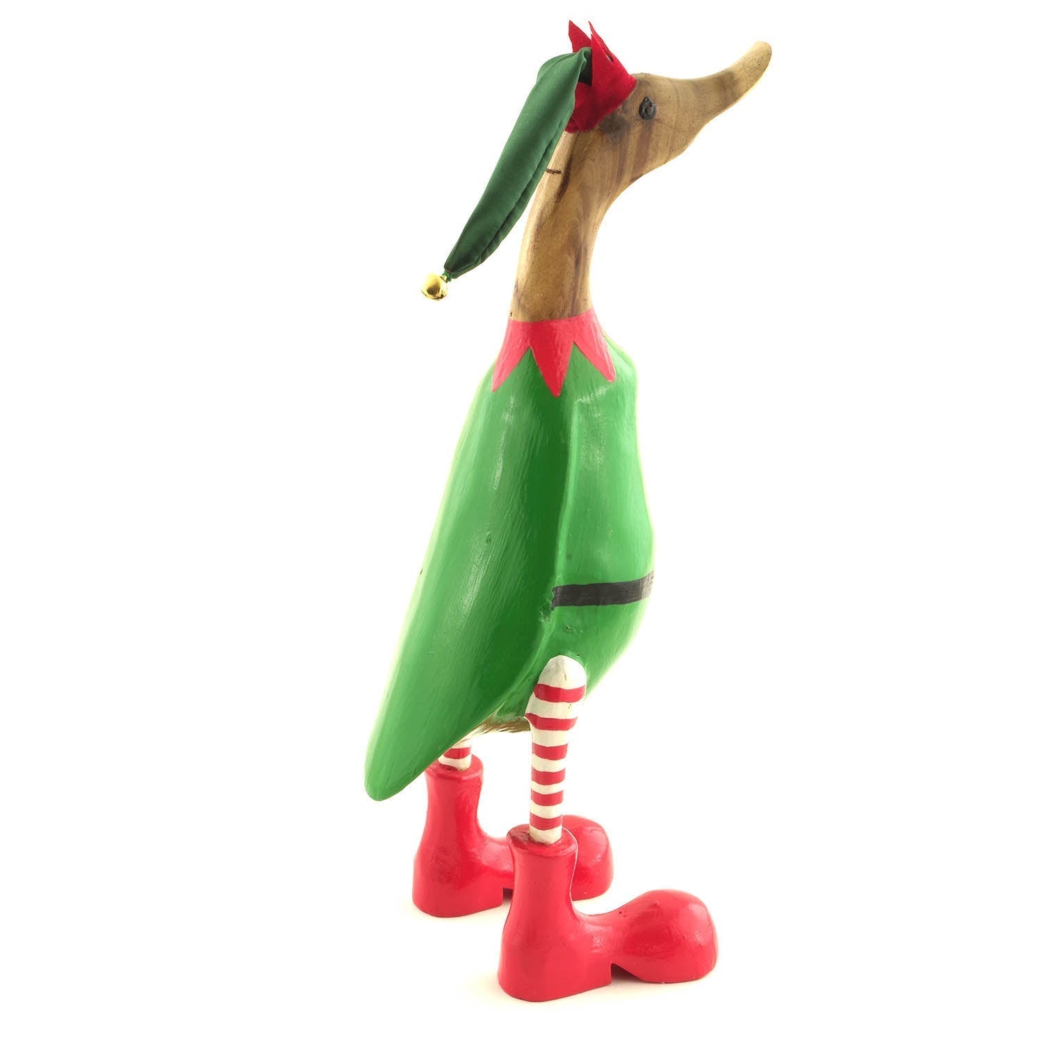 Christmas elf bamboo root duck, opposite side view showing fabric hat with brass bell and boot detail, white background