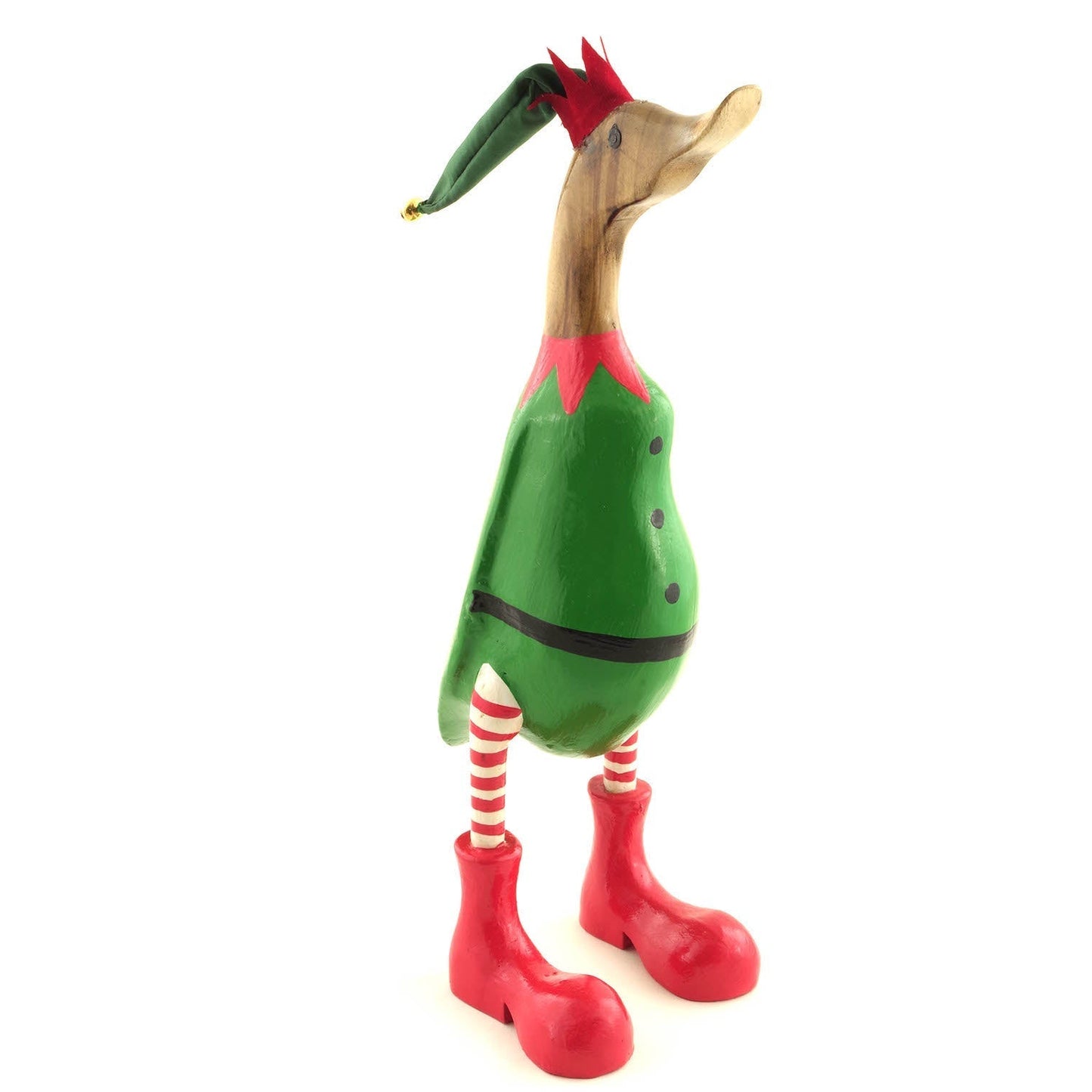 Bamboo root elf duck, front three-quarter view showing green tunic, red zigzag collar and striped legs, white background