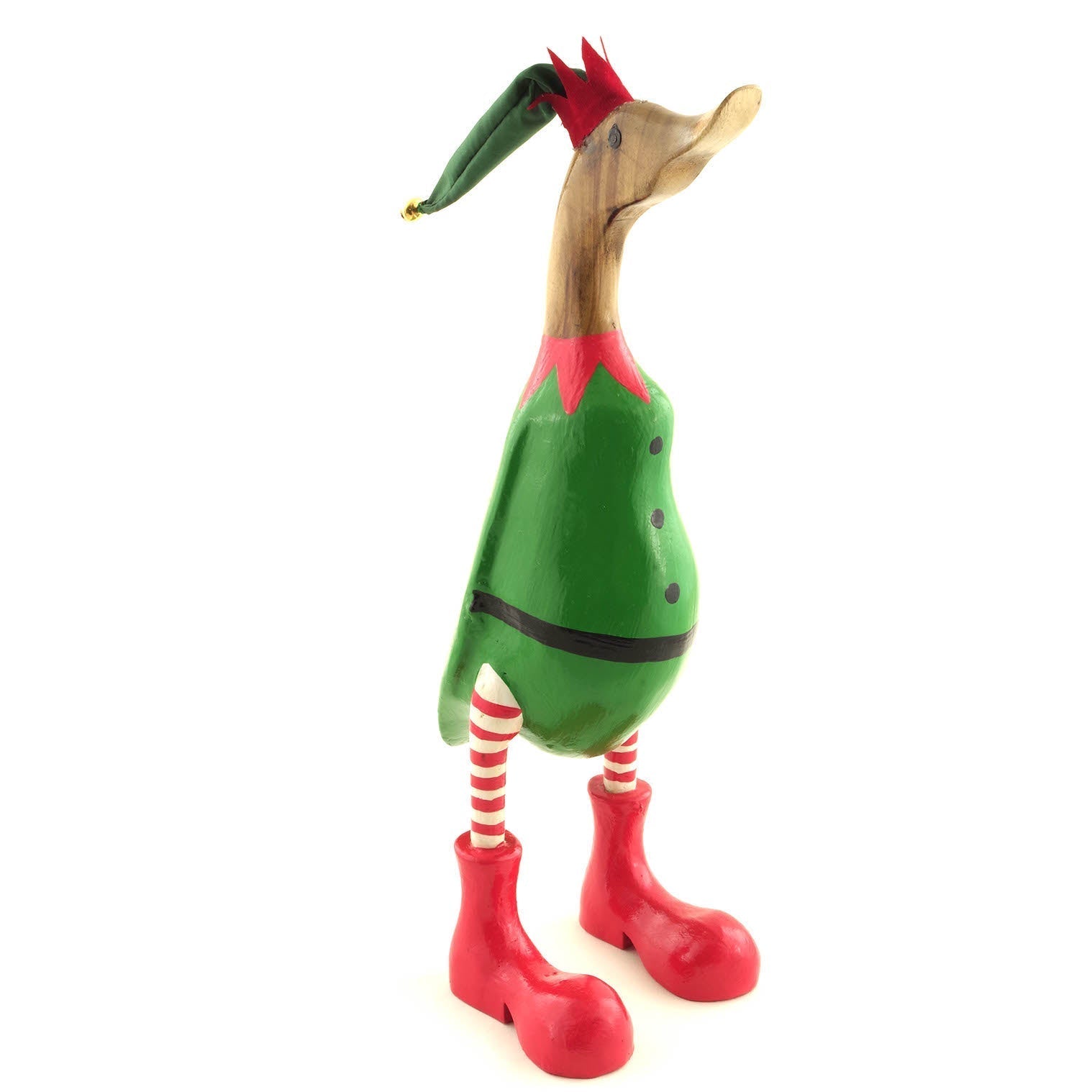 Bamboo root elf duck, front three-quarter view showing green tunic, red zigzag collar and striped legs, white background