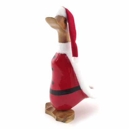 Bamboo root Santa duckling, opposite side view showing fleece-trimmed coat and natural root beak, white background