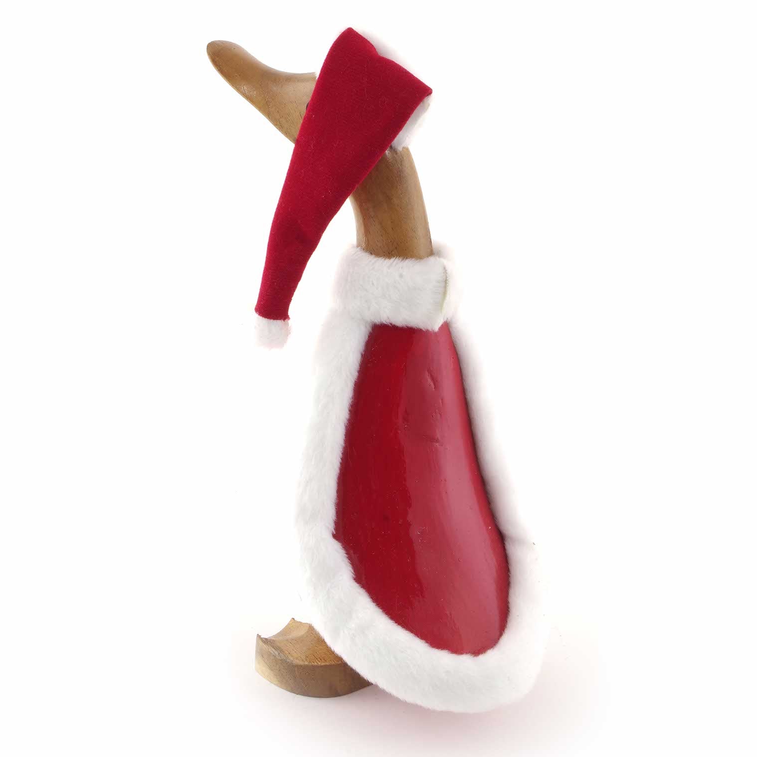 Bamboo root Santa duckling from behind on white background, showing red fabric coat with white fleece trim and hat