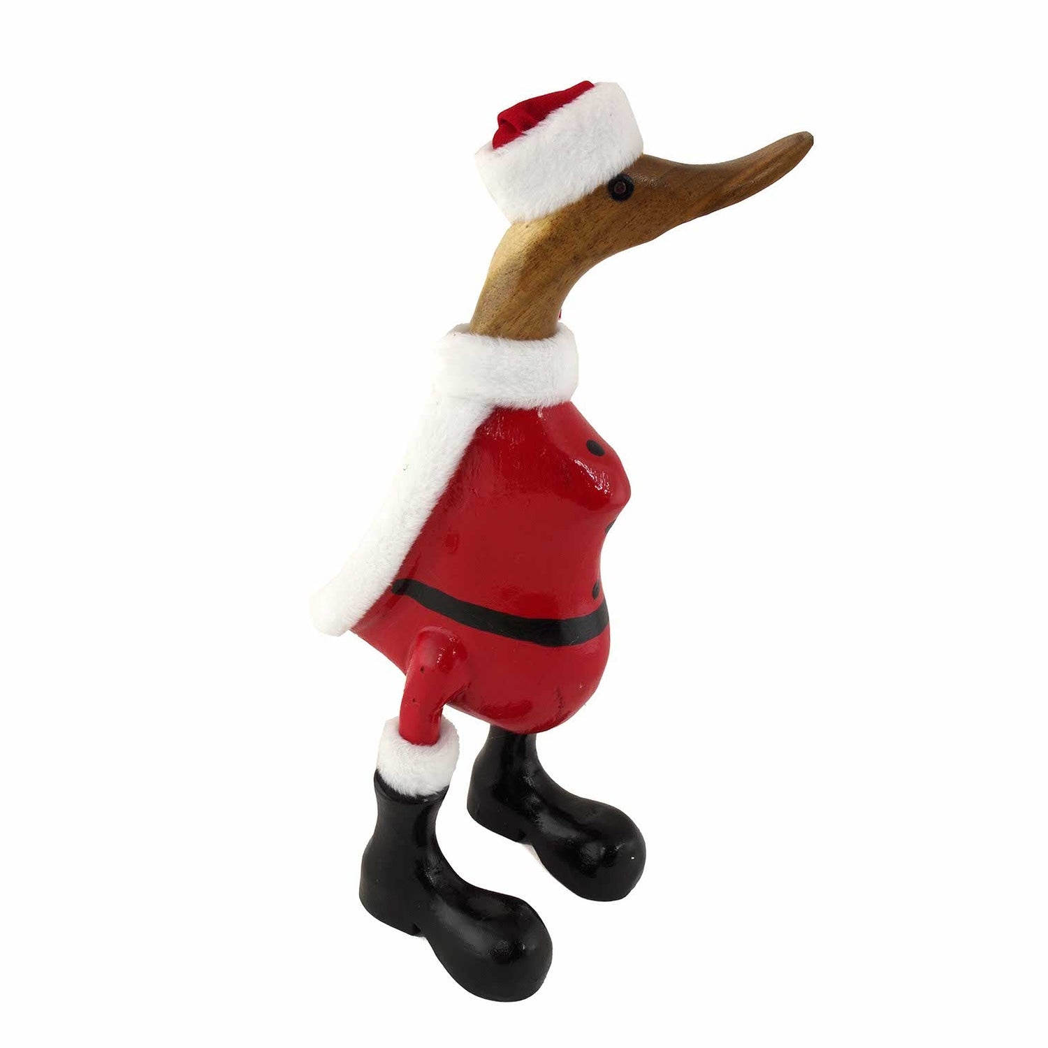 Carved bamboo root Santa duck in red gloss coat with fleece trim and black boots, side view on white background