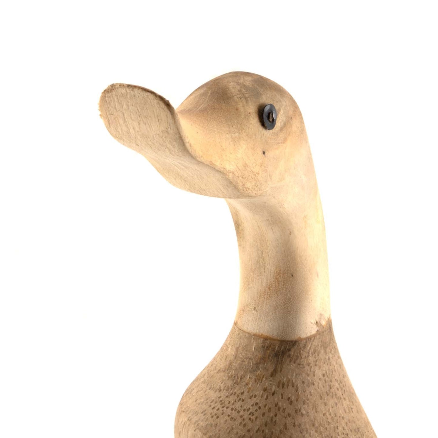 Close-up of second bamboo duck head variant showing rounder bill and pale unvarnished finish