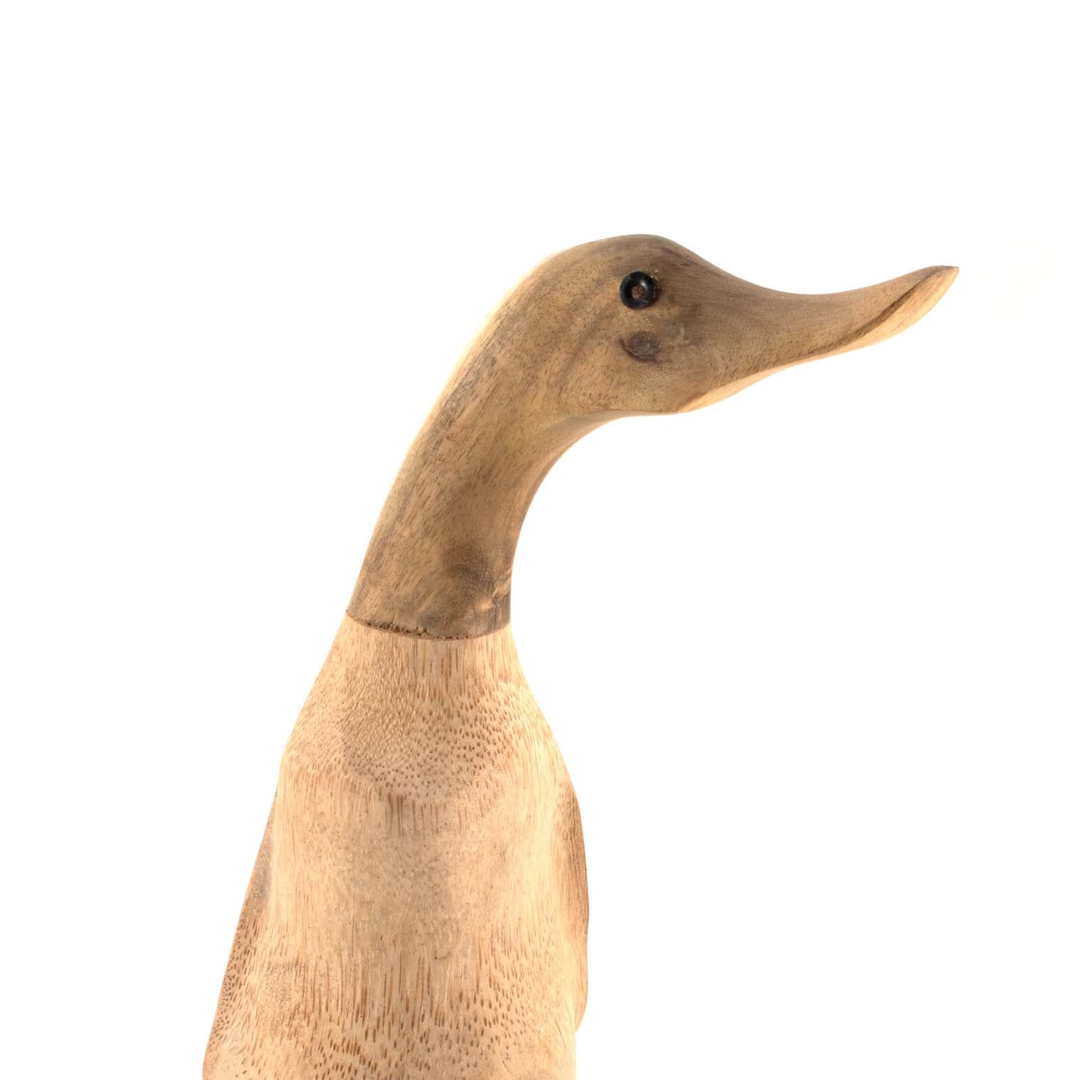 Close-up of bamboo duck head and neck showing natural grain and carved beak detail
