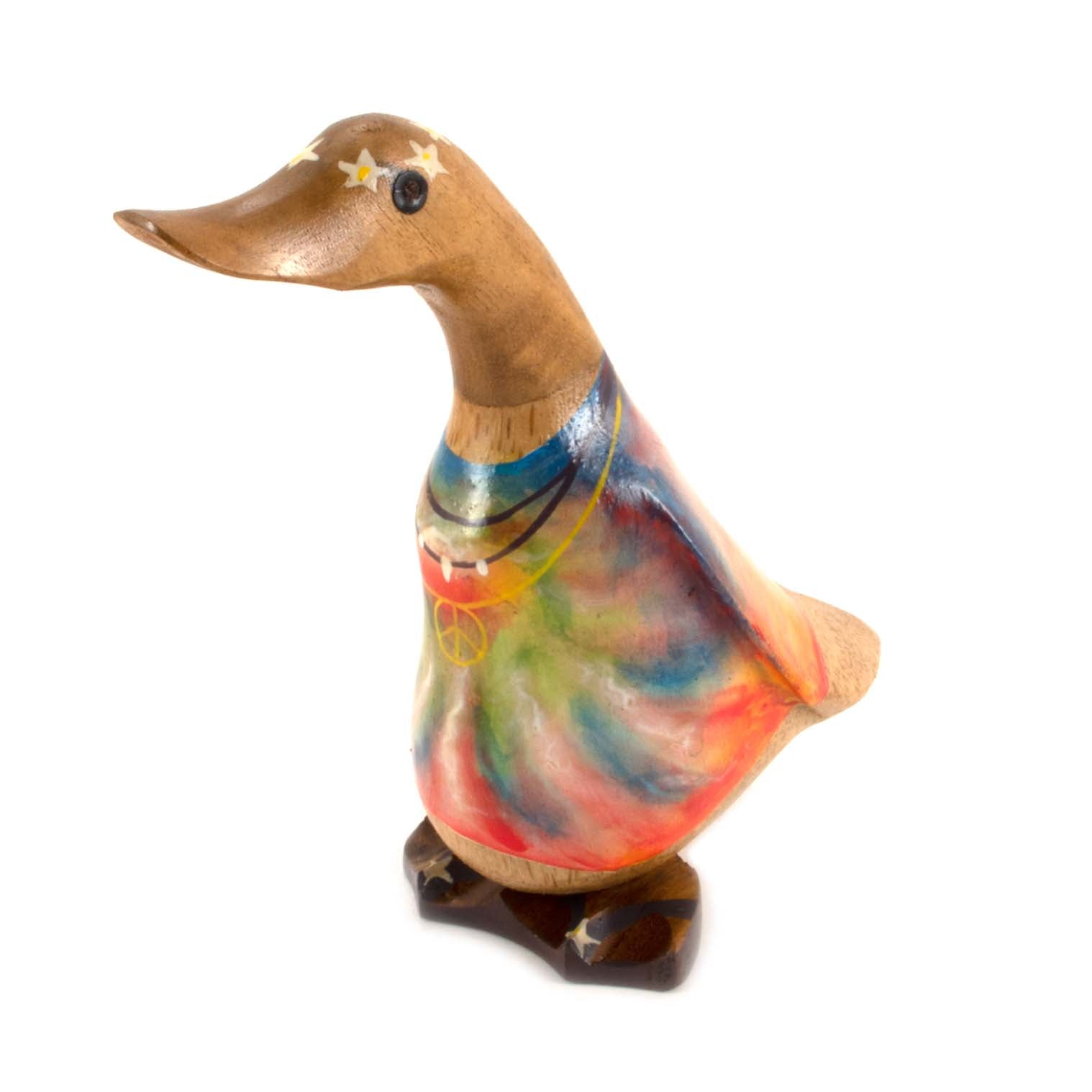 Hand-painted bamboo duck with swirling multicolour finish, facing left on white background