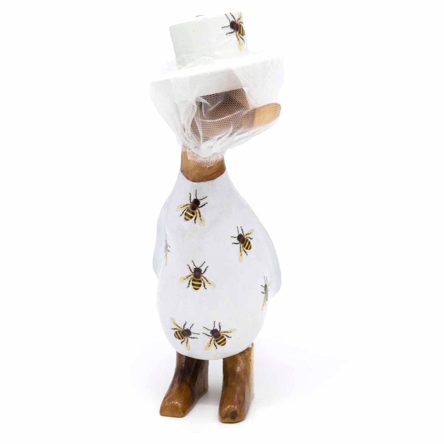 Three-quarter front view of beekeeper duck with white bee-patterned coat and mesh veil, Indonesia