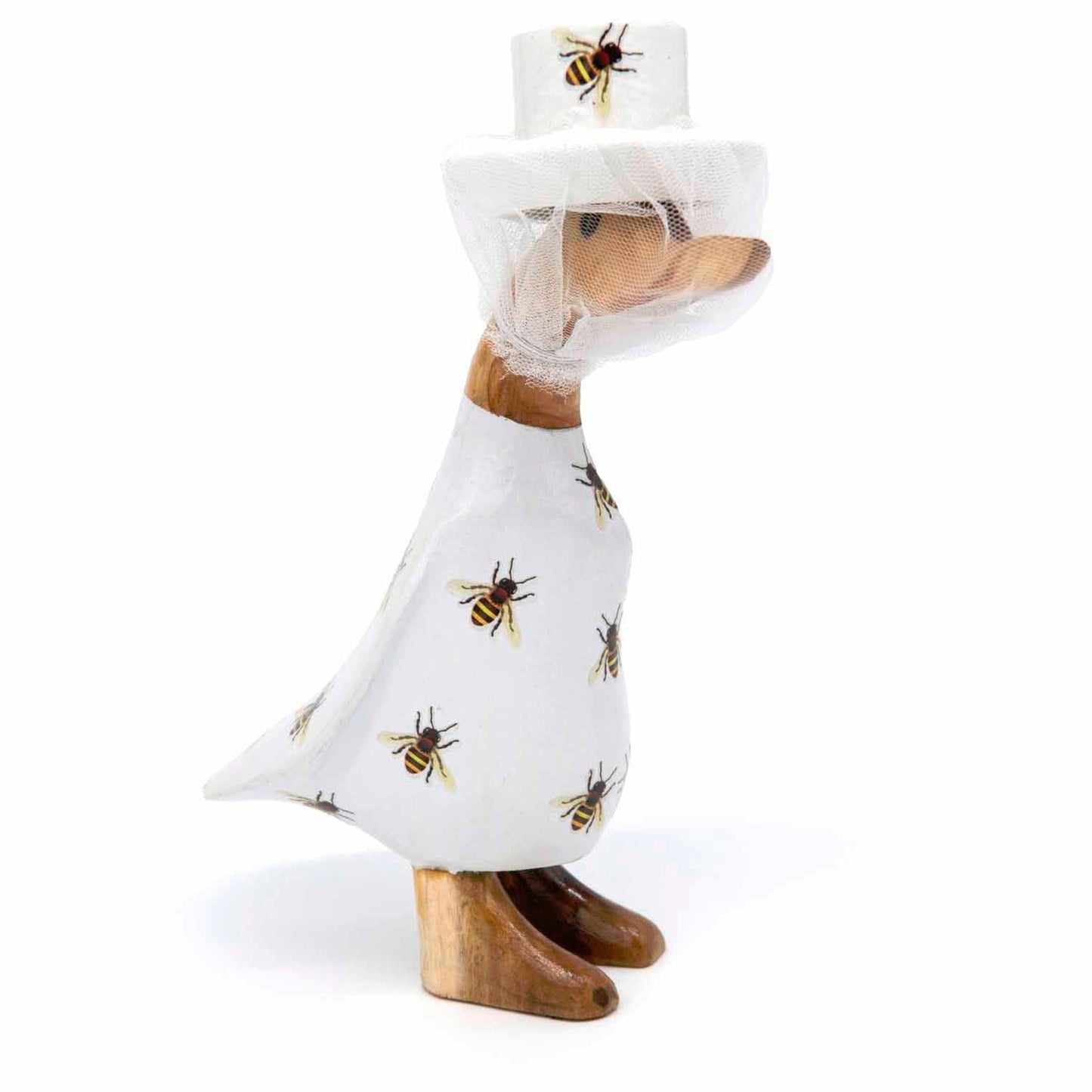 Side view of beekeeper bamboo duck showing white bee-print body, net veil and cylindrical hat on white background