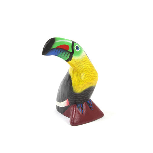Hand-painted toucan figurine, right side view, black body and multicolour beak detail