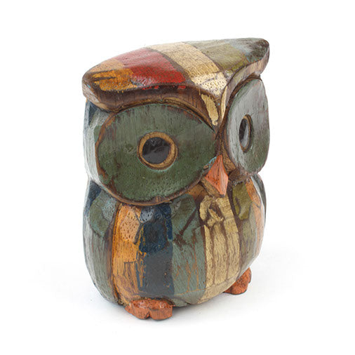 Side view of medium hand-painted Albizia wood owl showing distressed paint and carved form