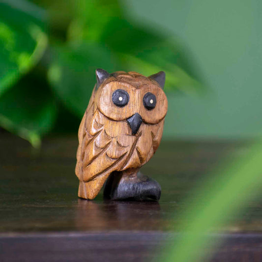 Small hand-carved acacia wood owl figurine with dark-stained eyes and beak, northern Thailand, front three-quarter view on da