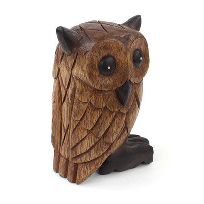 Medium carved wooden owl, side-angled view showing wing feather texture and dark eye detail