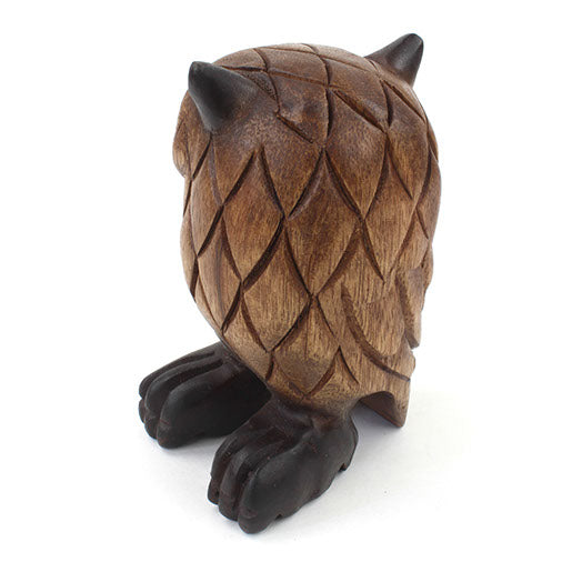 Back view of medium carved Rain Tree owl figurine showing full feather scale carving across the body